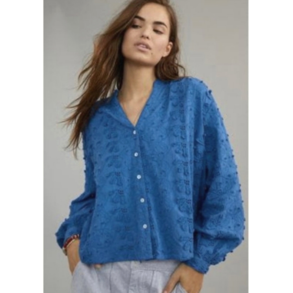 Anthropologie Seen Worn Kept Kathryn Textured Blouse Blue